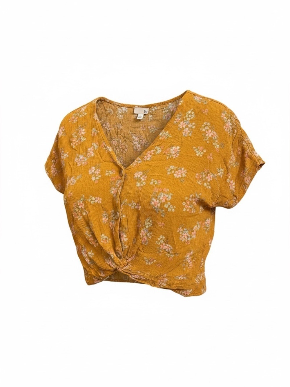 SO Cropped Short Sleeve Button Down Mustard Floral Pho-Tie Front Top